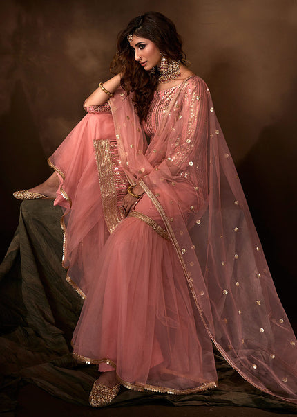 Light Pink and Gold Embroidered Gharara Suit