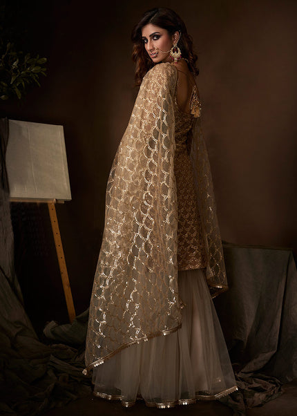 Beige and Gold Embroidered Gharara Suit