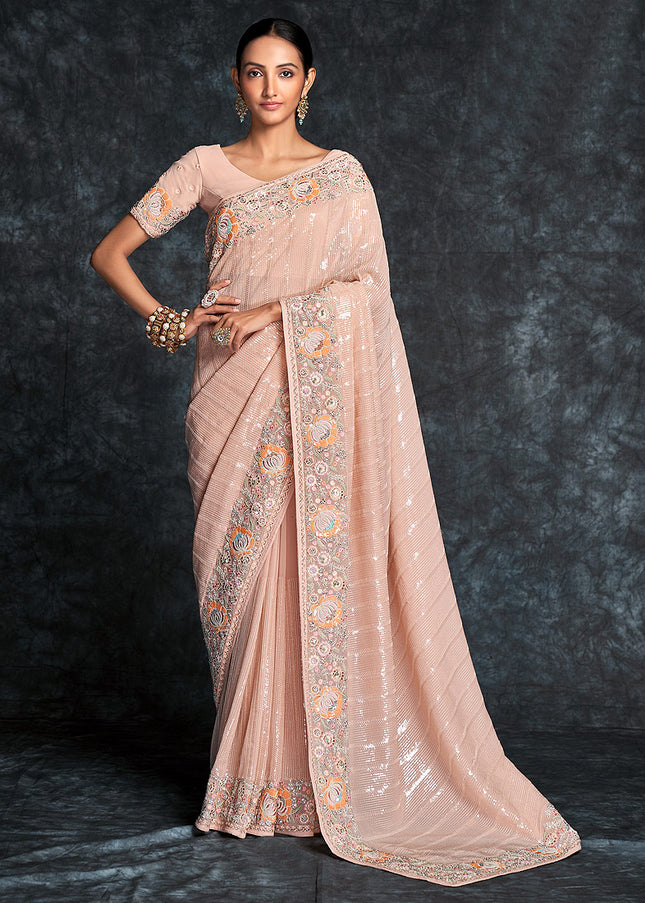 Peach Floral Embroidered Saree