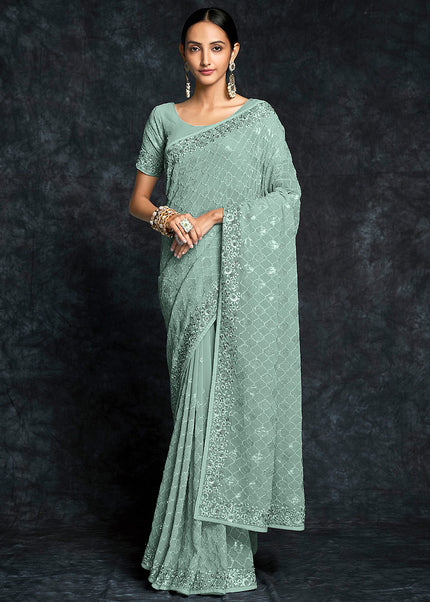 Pista Green Embroidered Saree