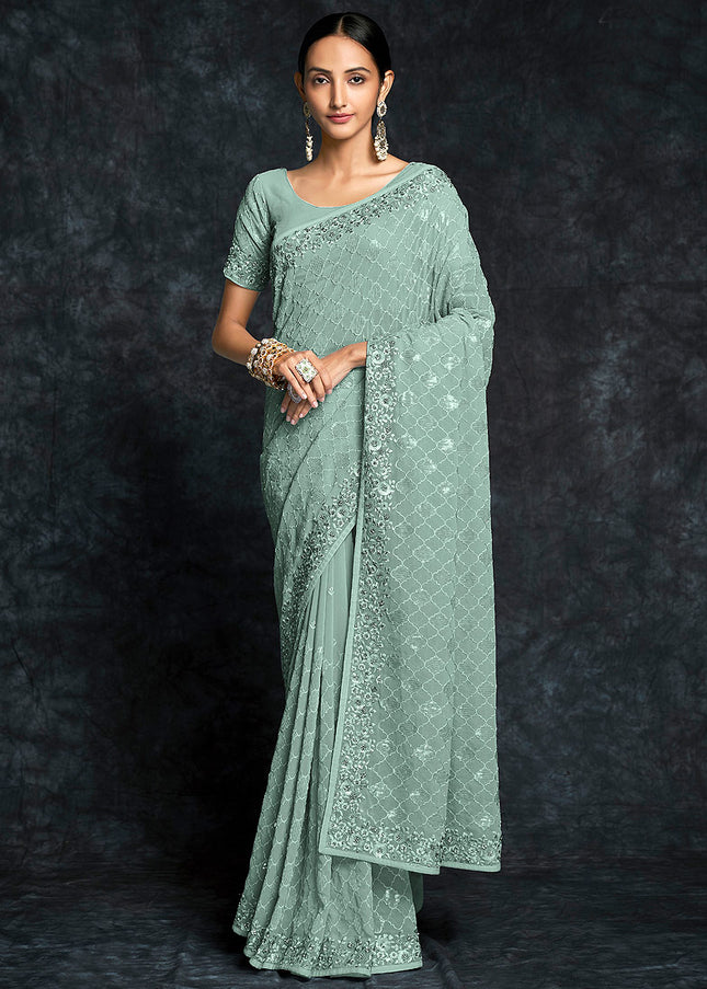 Pista Green Embroidered Saree