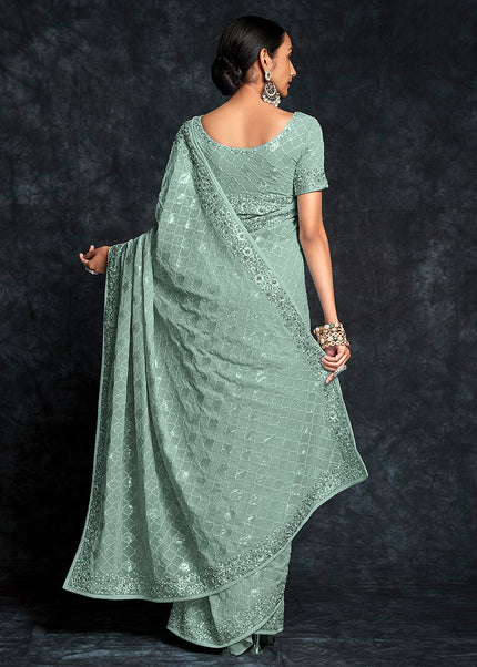 Pista Green Embroidered Saree