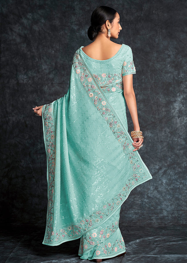 Sky Blue Floral Embroidered Saree