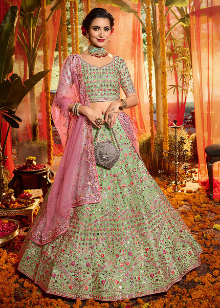 Green and Pink Heavy Embroidered Lehenga