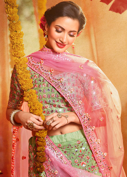 Green and Pink Heavy Embroidered Lehenga