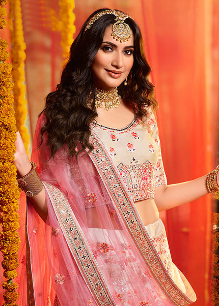 White and Pink Heavy Embroidered Lehenga