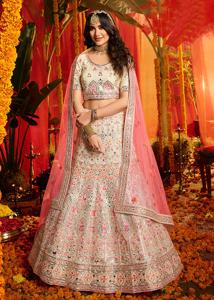 White and Pink Heavy Embroidered Lehenga