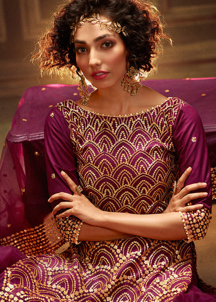 Wine and Gold Embroidered Gharara Suit