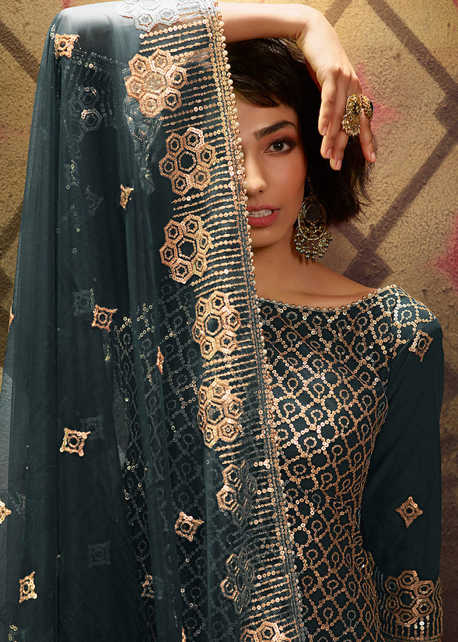 Dark Green and Gold Embroidered Gharara Suit