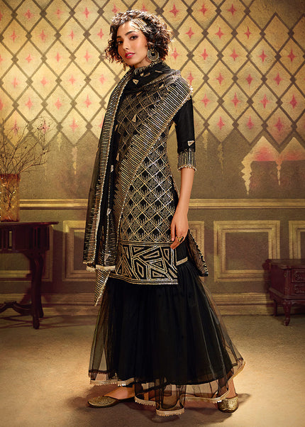 Black and Gold Embroidered Gharara Suit