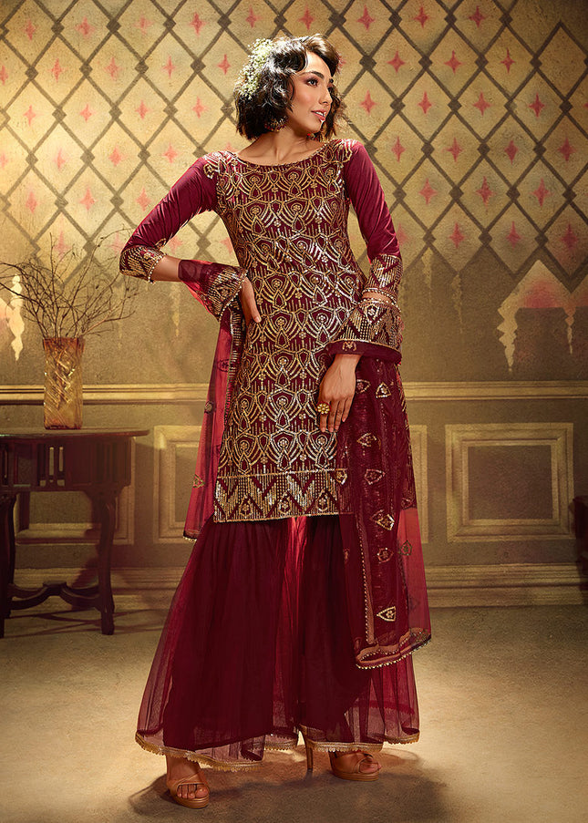 Maroon and Gold Embroidered Gharara Suit