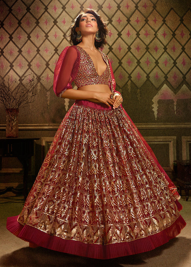 Maroon and Gold Embroidered Lehenga
