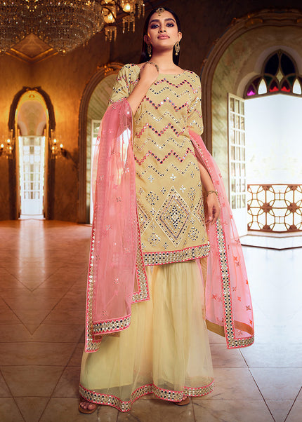 Yellow and Pink Embroidered Gharara Suit