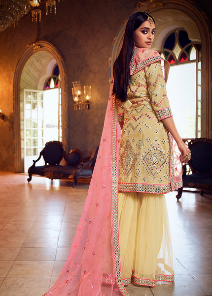 Yellow and Pink Embroidered Gharara Suit