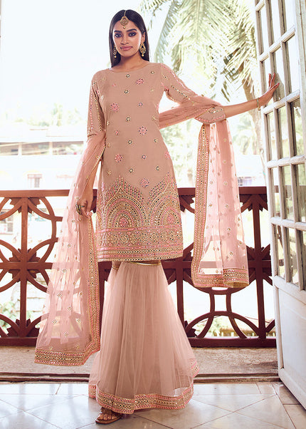 Light Peach Embroidered Gharara Suit