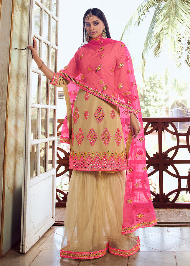 Light Green and Pink Embroidered Gharara Suit