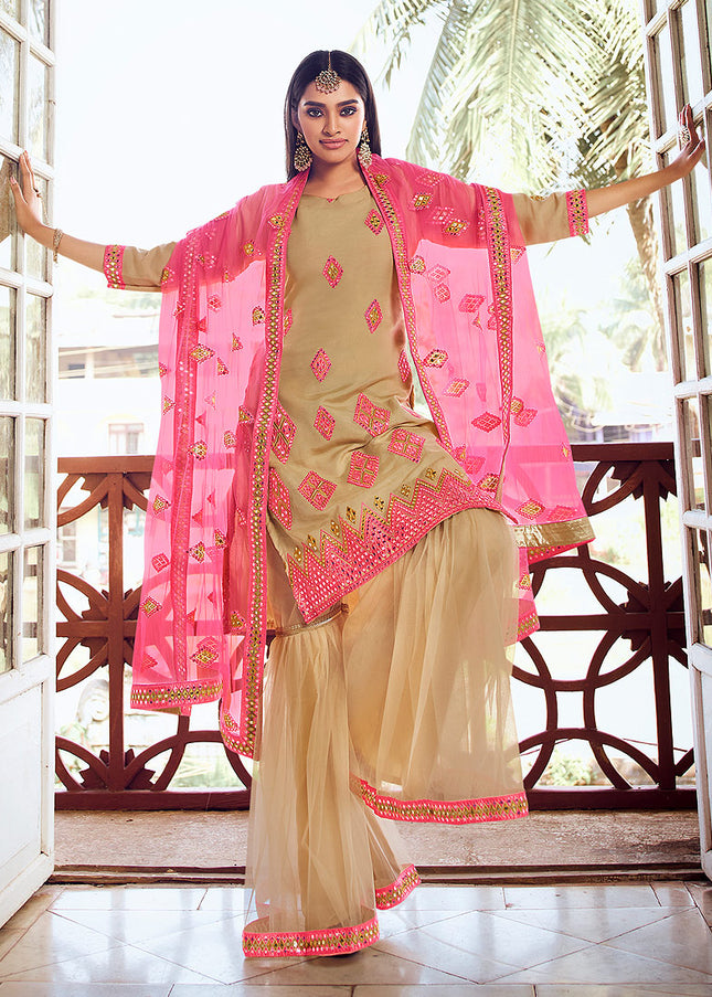 Light Green and Pink Embroidered Gharara Suit