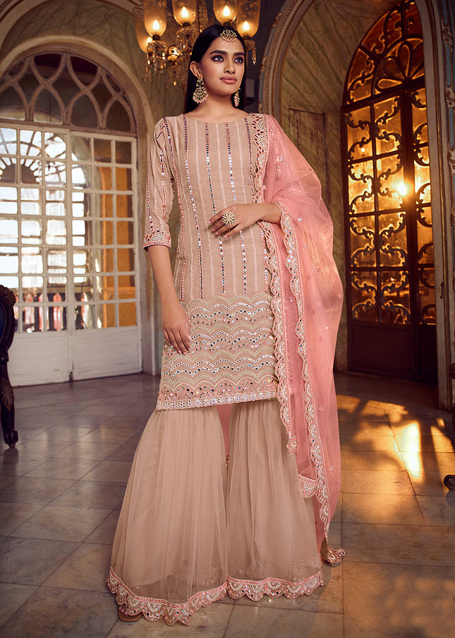 Peach and Pink Embroidered Gharara Suit