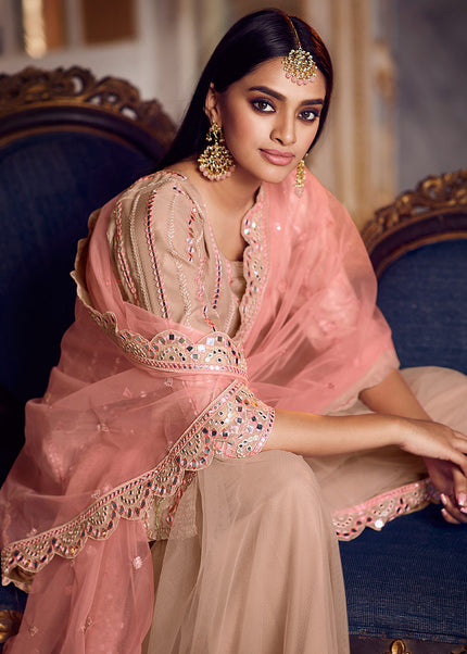 Peach and Pink Embroidered Gharara Suit