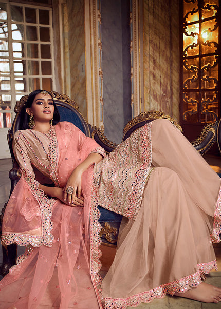 Peach and Pink Embroidered Gharara Suit