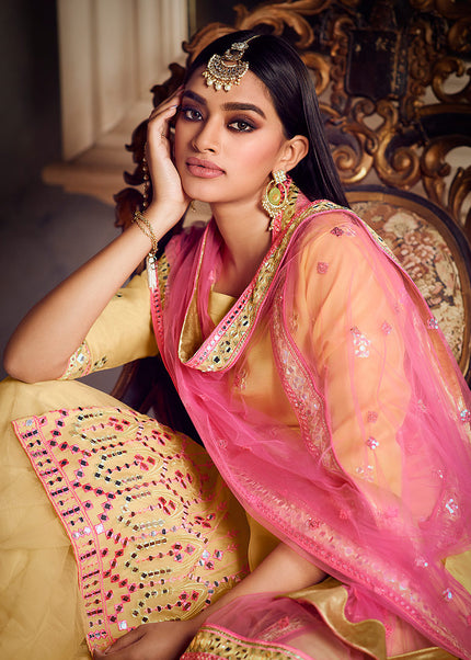 Yellow and Pink Embroidered Gharara Suit