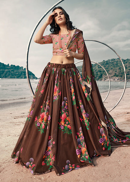 Brown and Light Pink Printed Lehenga