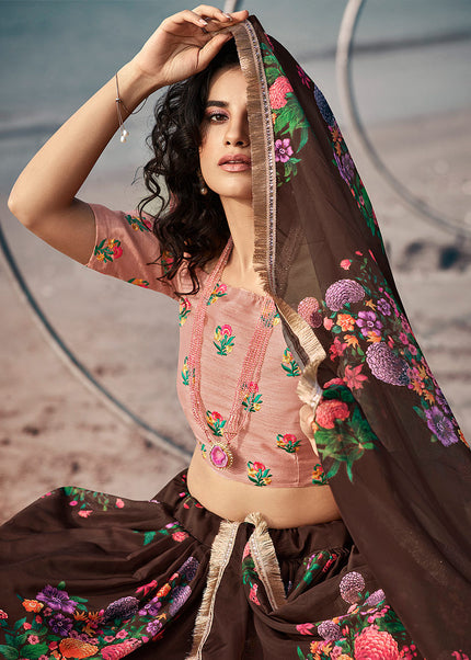 Brown and Light Pink Printed Lehenga