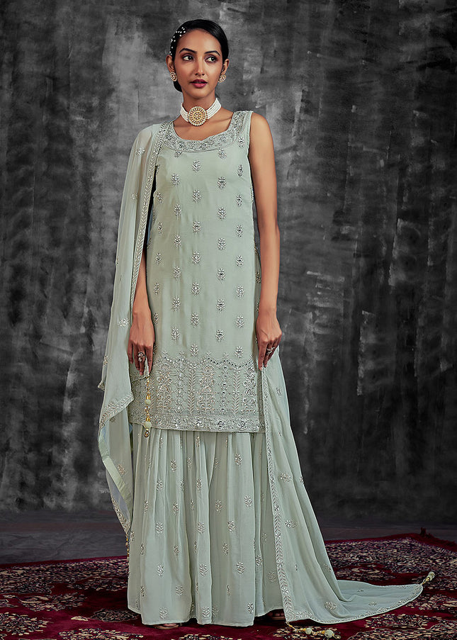 Pista and Gold Embroidered Sharara Suit