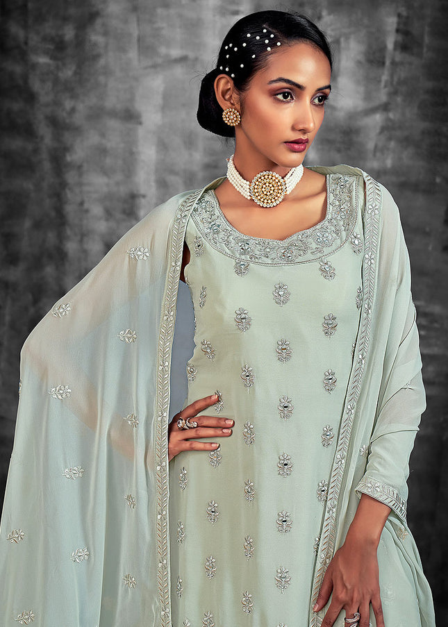 Pista and Gold Embroidered Sharara Suit