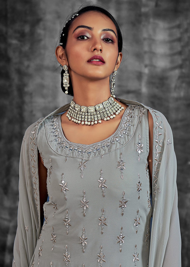 Grey and Gold Embroidered Sharara Suit