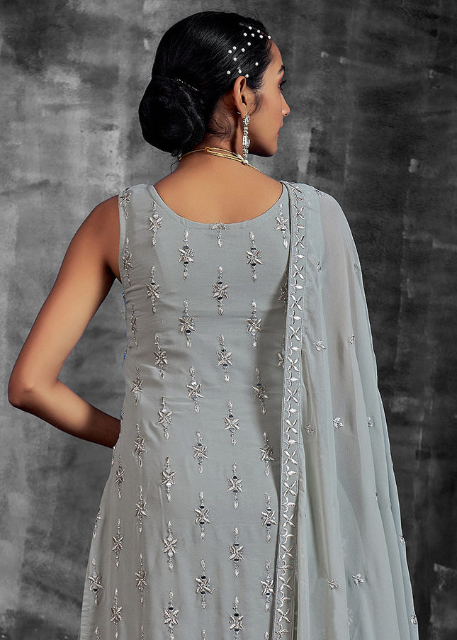 Grey and Gold Embroidered Sharara Suit