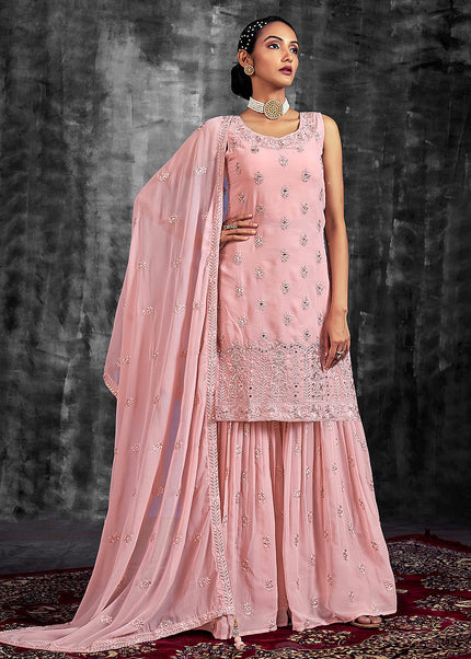 Pink and Gold Embroidered Sharara Suit