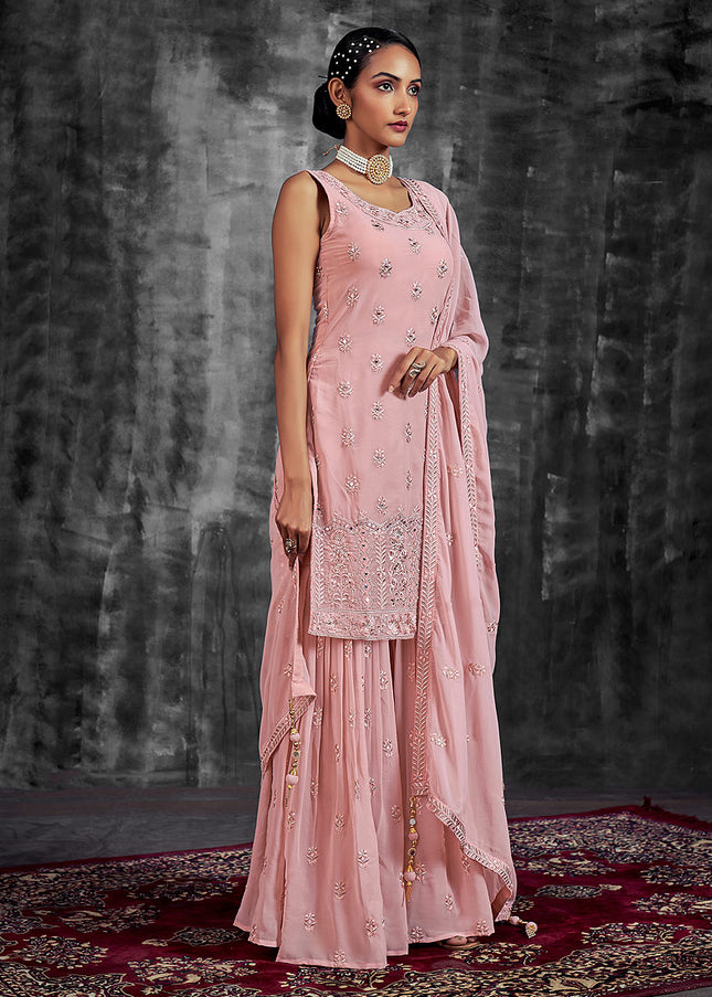 Pink and Gold Embroidered Sharara Suit