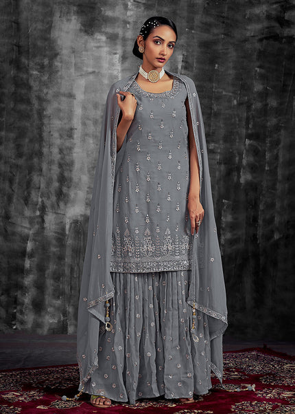 Grey and Gold Embroidered Sharara Suit