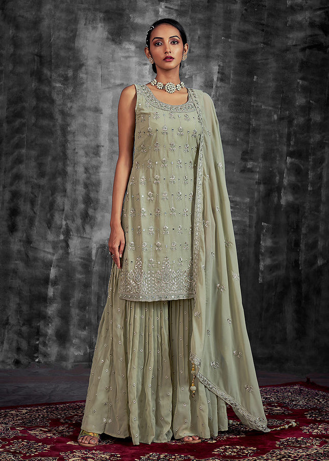 Green and Gold Embroidered Sharara Suit