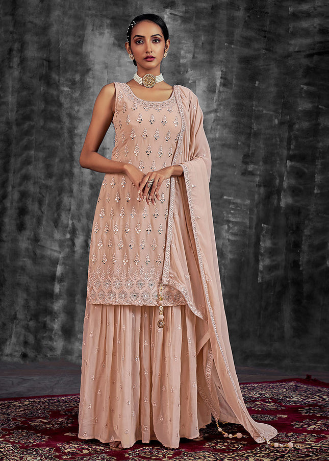 Peach and Gold Embroidered Sharara Suit