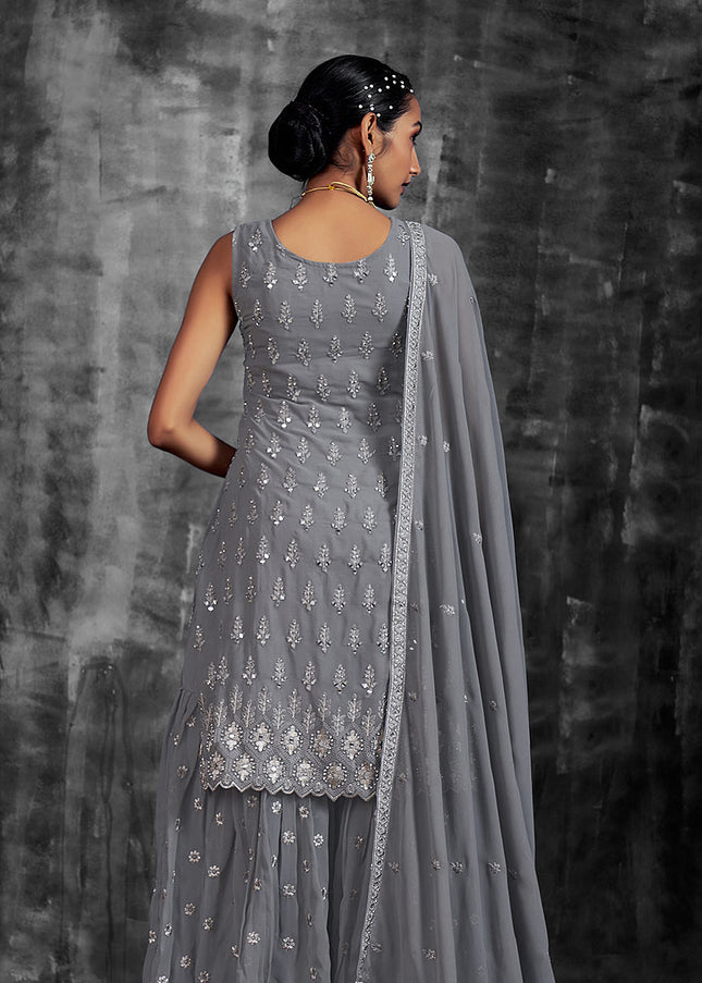 Grey and Gold Embroidered Sharara Suit