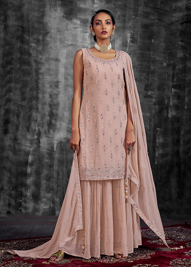 Peach and Gold Embroidered Sharara Suit