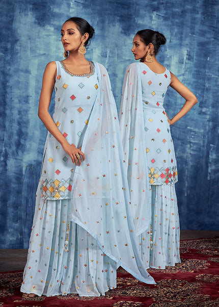 Sky Blue and Gold Embroidered Gharara Suit