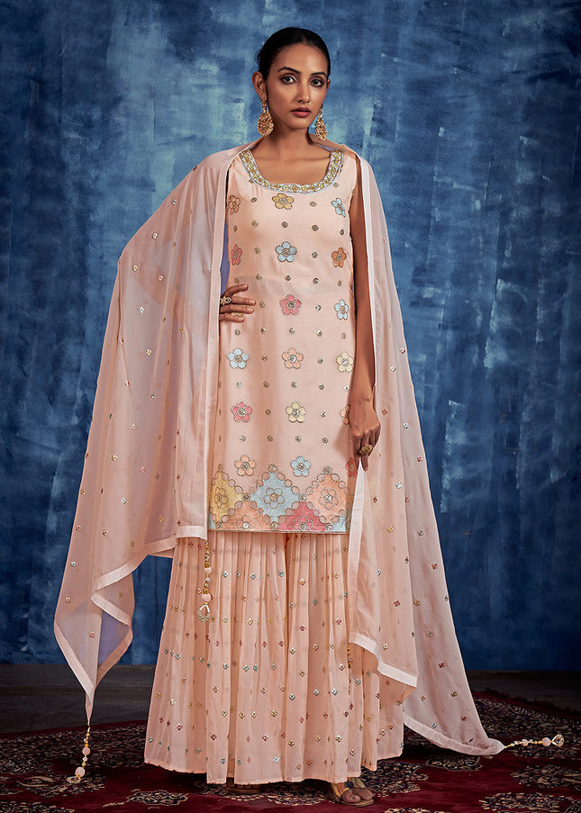 Peach and Gold Embroidered Gharara Suit