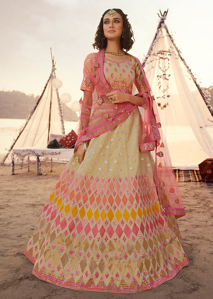 Beige Multicolor Mirror Embroidered Lehenga