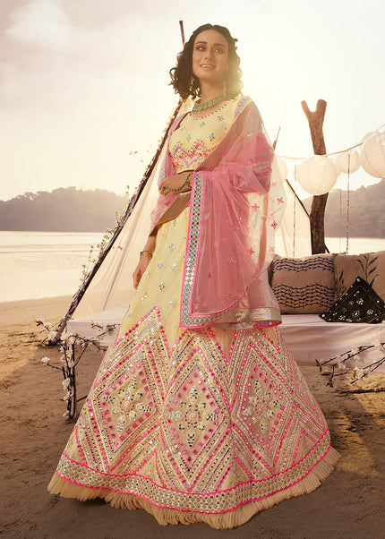 Cream and Pink Mirror Embroidered Lehenga