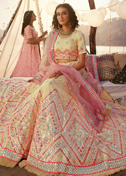 Cream and Pink Mirror Embroidered Lehenga