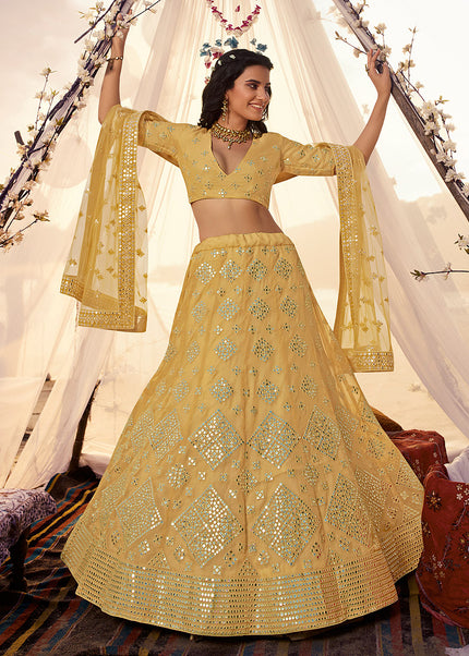 Yellow Mirror Embroidered Lehenga