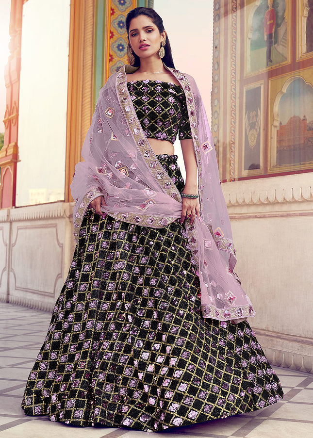 Black and Purple Sequence Embroidered Lehenga