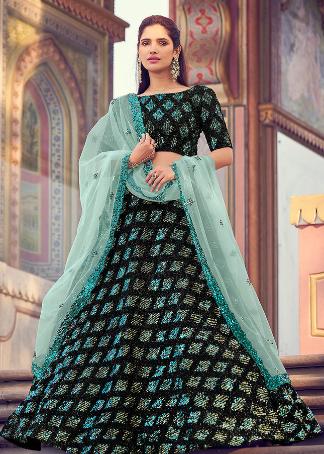 Black and Mint Sequence Embroidered Lehenga