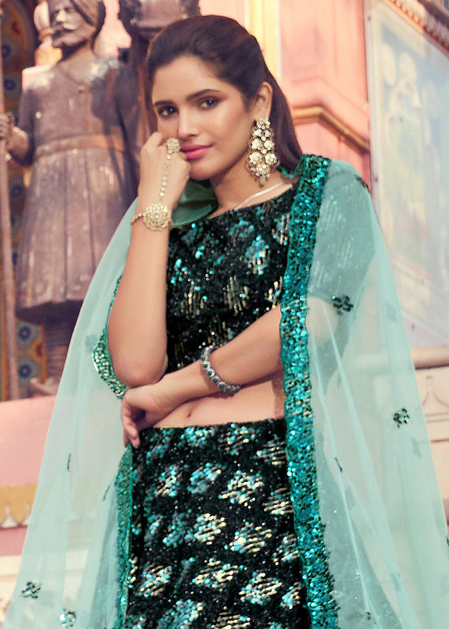 Black and Mint Sequence Embroidered Lehenga