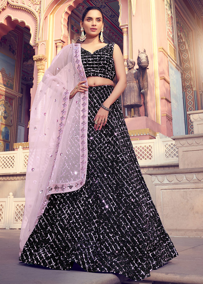 Black and Pink Sequence Embroidered Lehenga