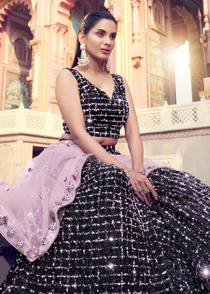 Black and Pink Sequence Embroidered Lehenga