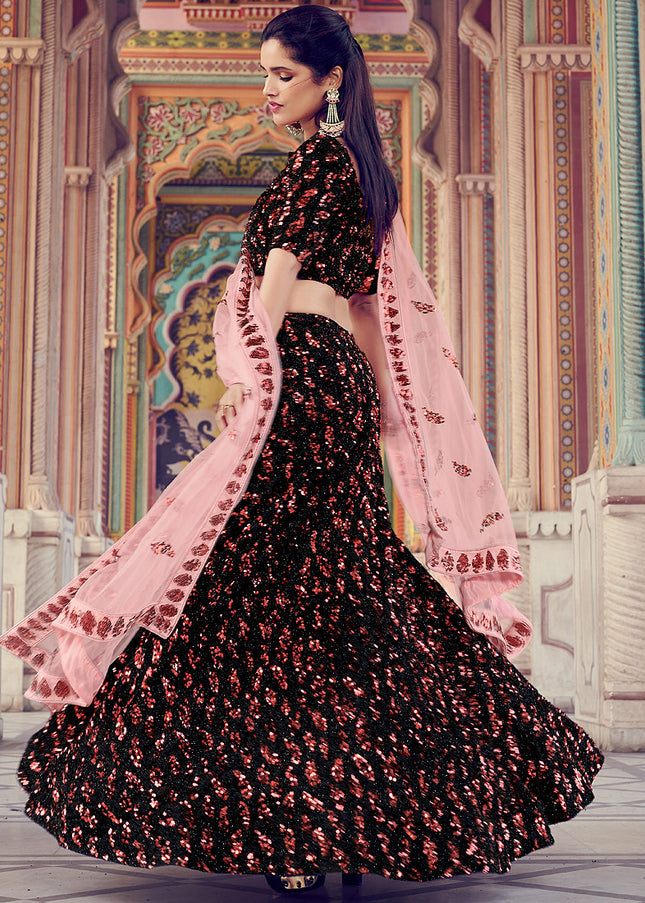 Black and Peach Sequence Embroidered Lehenga